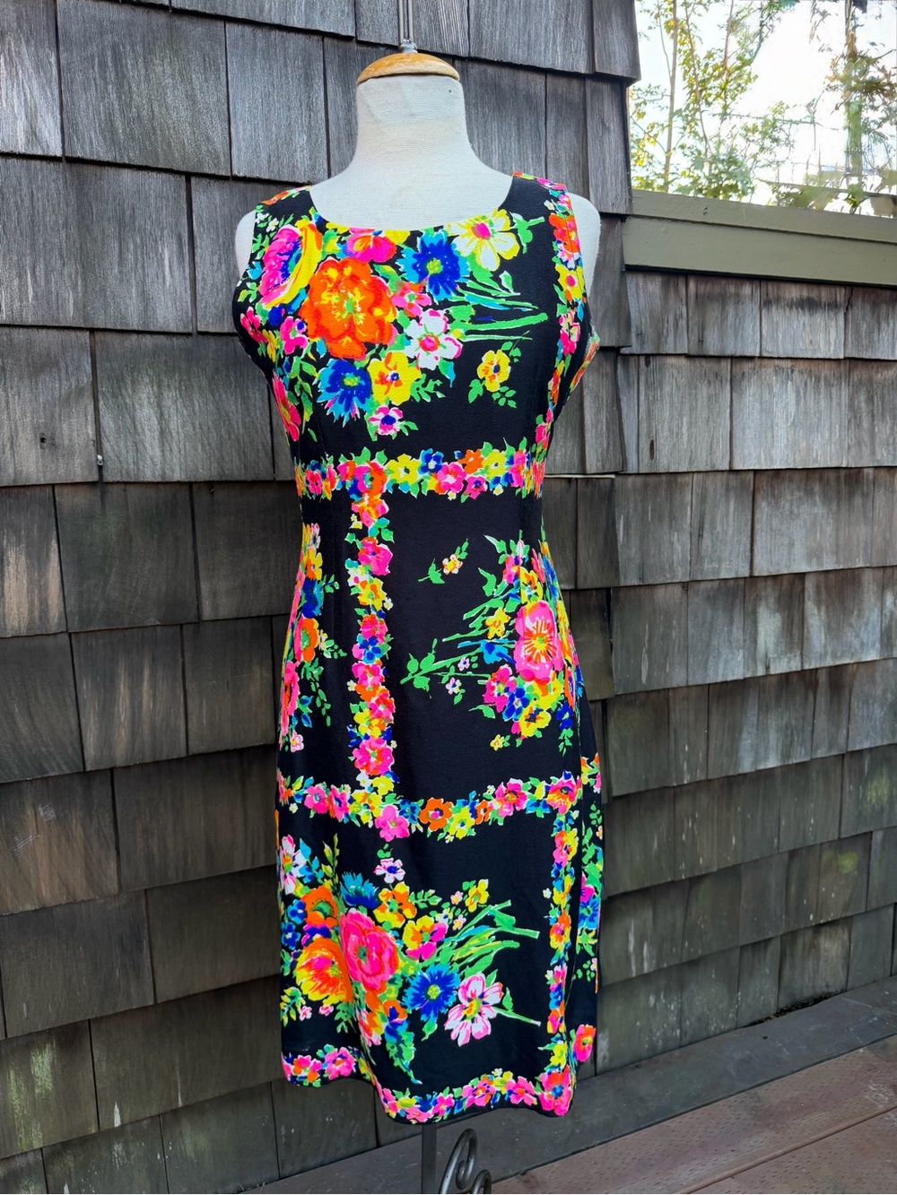 Vintage boho short sheath dress tropical floral print multicolor custom made M